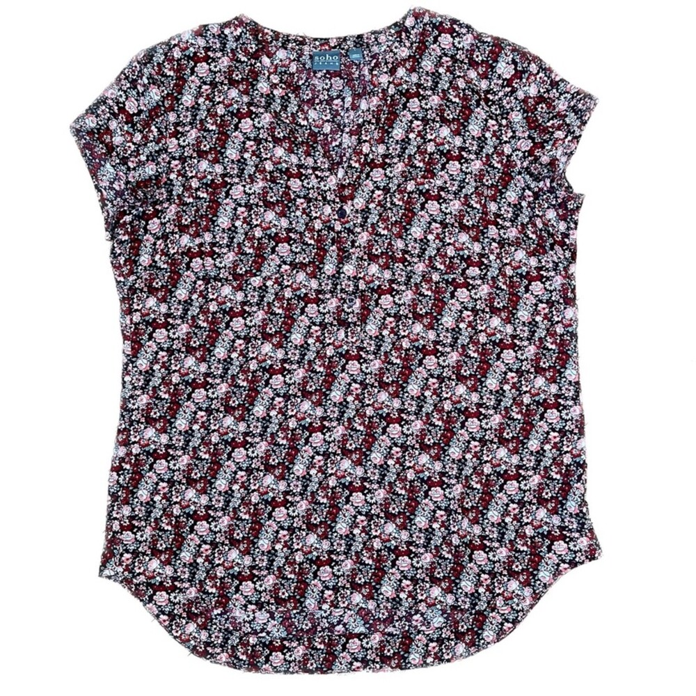 New York & Company - SoHo | Red & Pink Floral Short Sleeve Blouse | Large